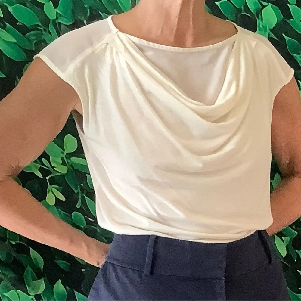 🤍 Ann Taylor Cream Draped Neck Blouse Size M